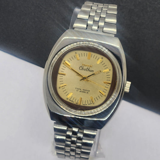 Vintage Original HMT Chethan Hand Winding 17 Jewels Golden Face Silver Bracelet Men's Wrist Watch F38