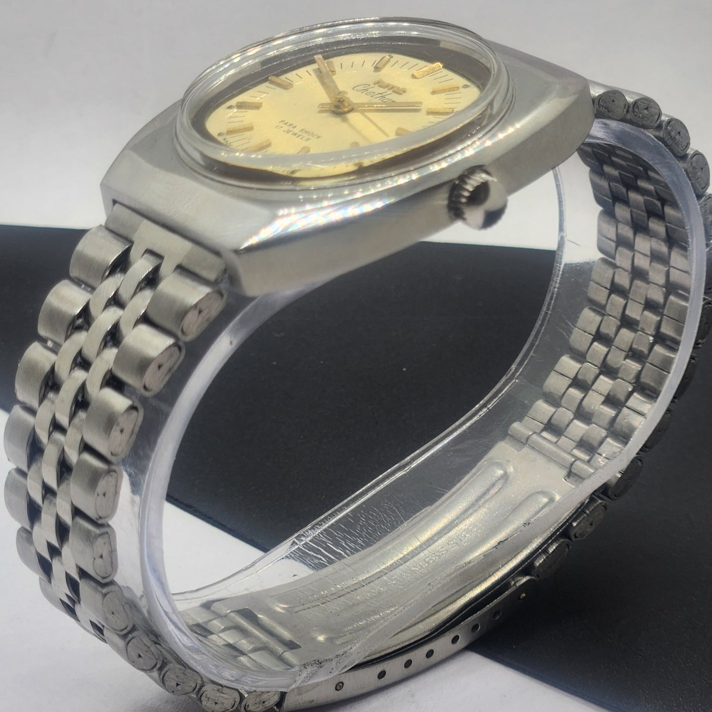 Vintage Original HMT Chethan Hand Winding 17 Jewels Golden Face Silver Bracelet Men's Wrist Watch F38