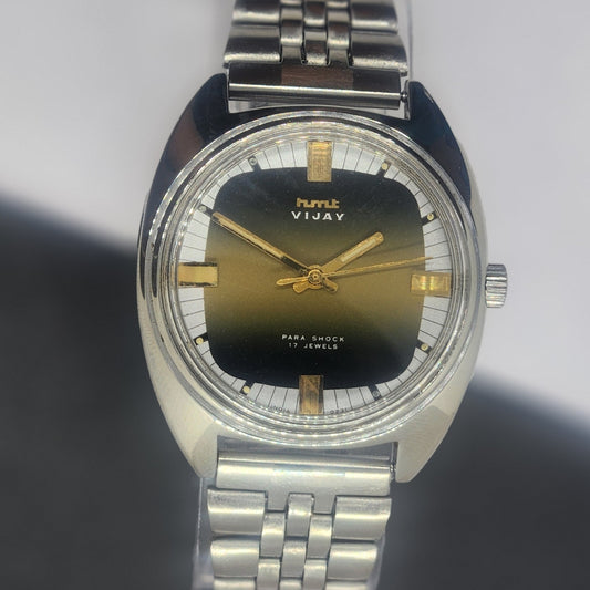 Vintage Original HMT Vijay Hand Winding 17 Jewels Black Face Silver Bracelet Men's Wrist Watch F39