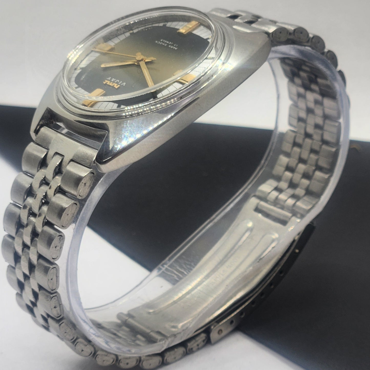 Vintage Original HMT Vijay Hand Winding 17 Jewels Black Face Silver Bracelet Men's Wrist Watch F39