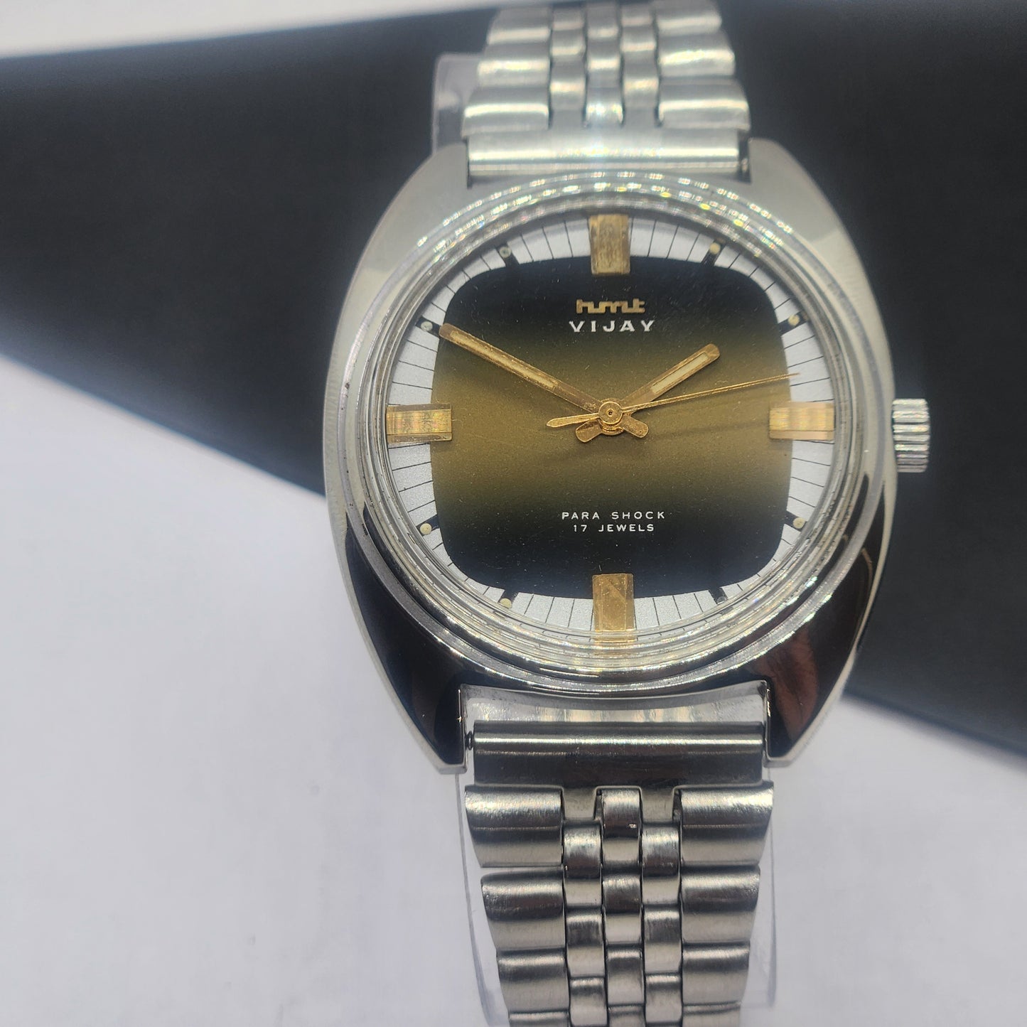 Vintage Original HMT Vijay Hand Winding 17 Jewels Black Face Silver Bracelet Men's Wrist Watch F39