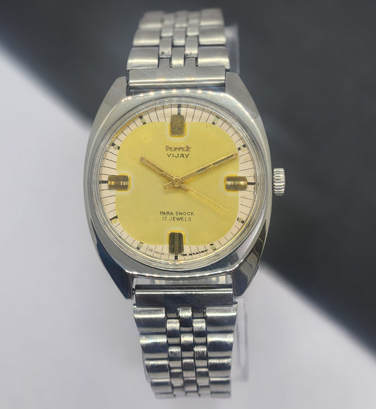 Vintage Original HMT Vijay Hand Winding 17 Jewels Golden Face Silver Bracelet Men's Wrist Watch F40