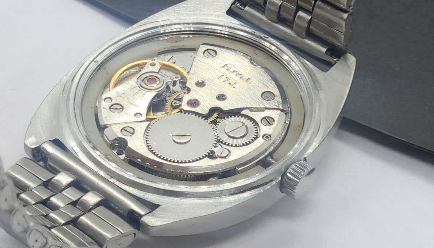Vintage Original HMT Vijay Hand Winding 17 Jewels Golden Face Silver Bracelet Men's Wrist Watch F40