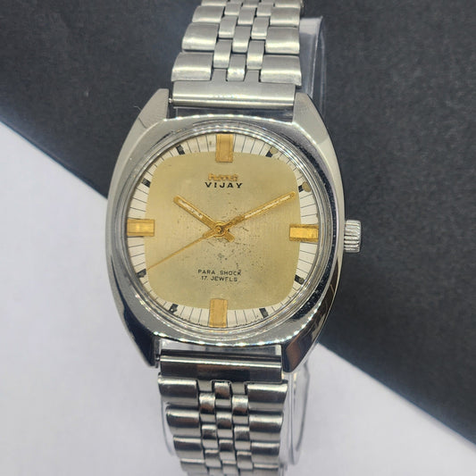 Vintage Original HMT Vijay Hand Winding 17 Jewels Golden Face Silver Bracelet Men's Wrist Watch F41