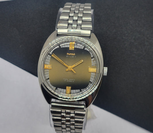 Vintage Original HMT Vijay Hand Winding 17 Jewels Black Face Silver Bracelet Men's Wrist Watch F42