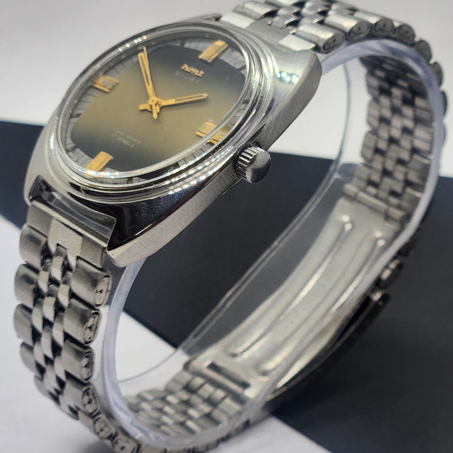Vintage Original HMT Vijay Hand Winding 17 Jewels Black Face Silver Bracelet Men's Wrist Watch F42