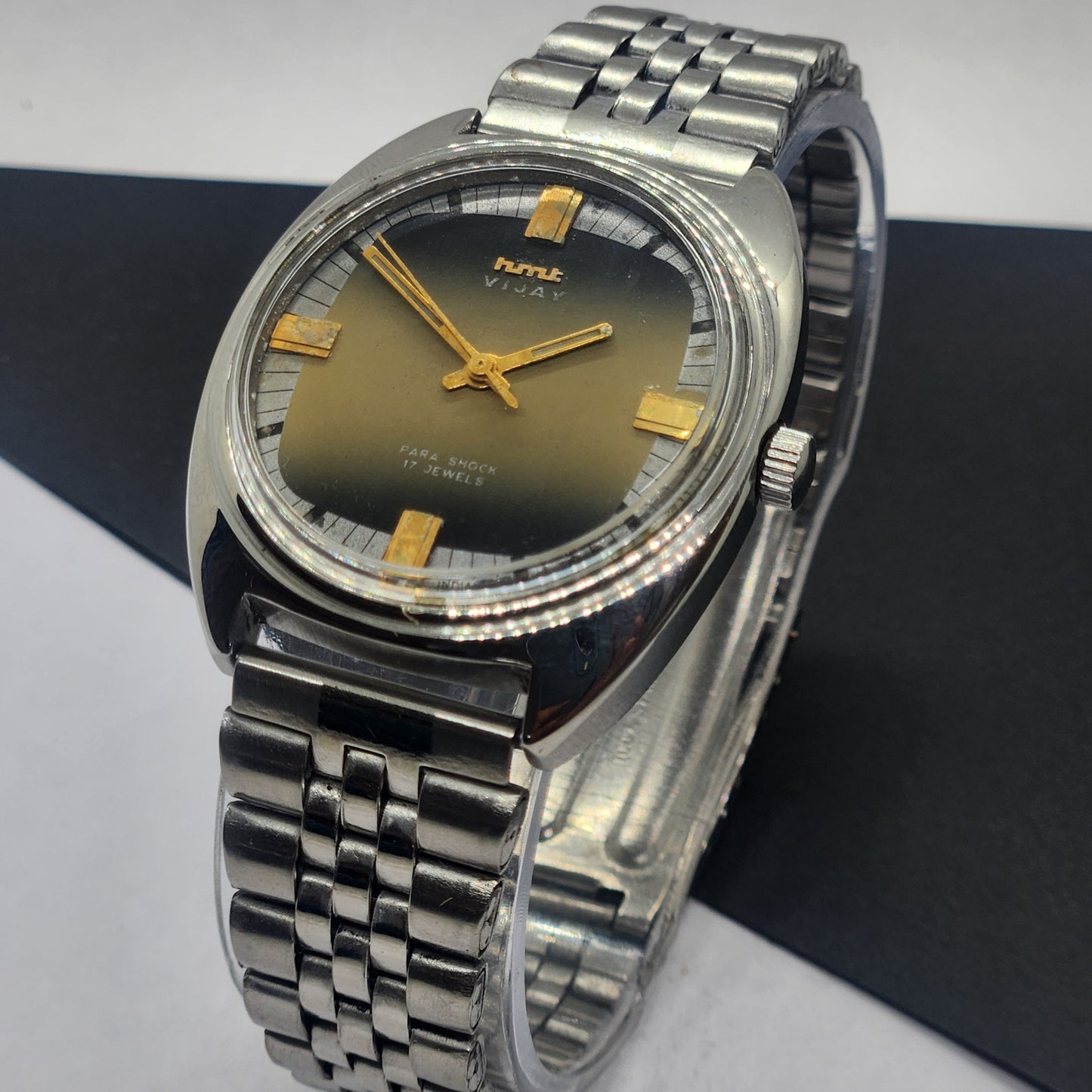 Vintage Original HMT Vijay Hand Winding 17 Jewels Black Face Silver Bracelet Men's Wrist Watch F42