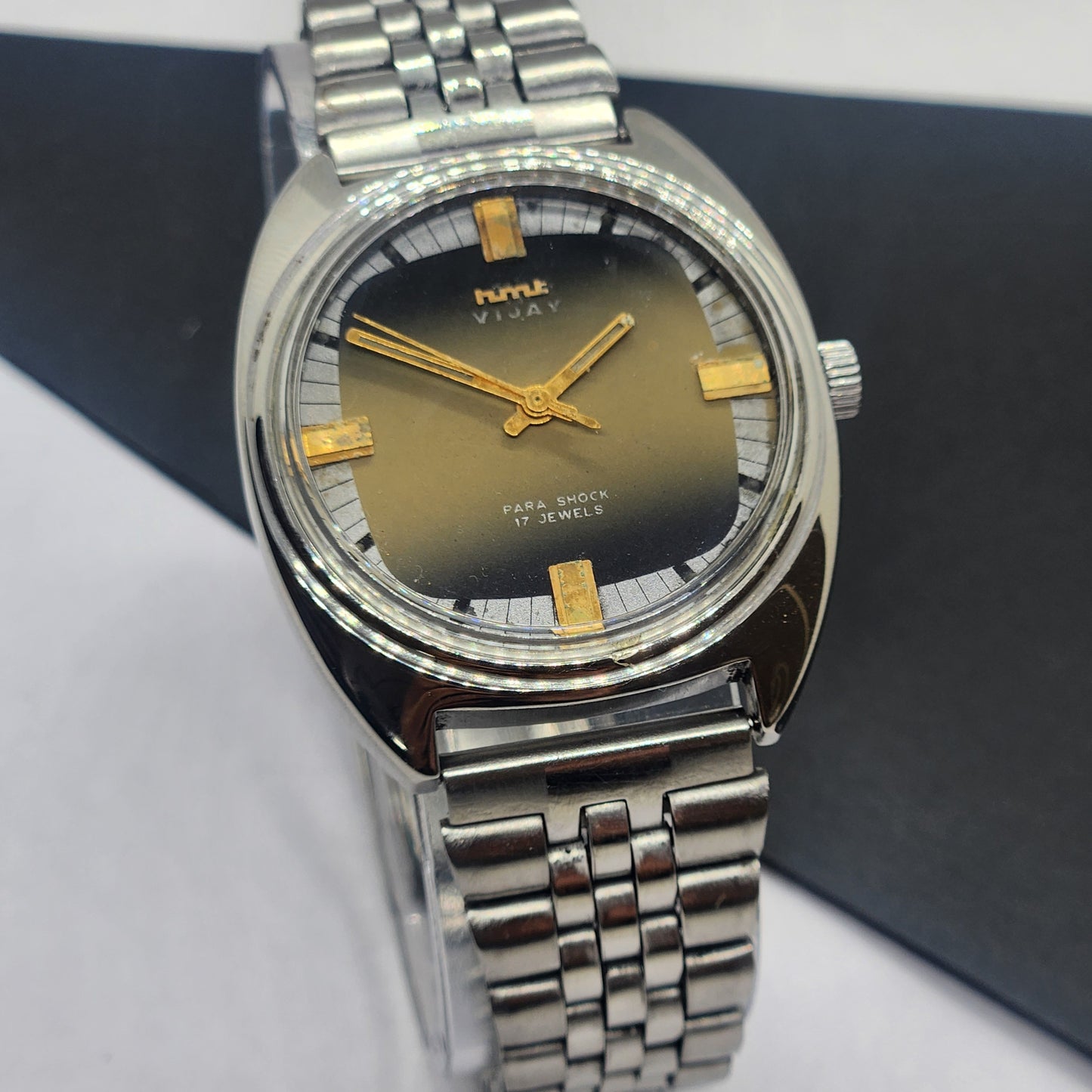 Vintage Original HMT Vijay Hand Winding 17 Jewels Black Face Silver Bracelet Men's Wrist Watch F42