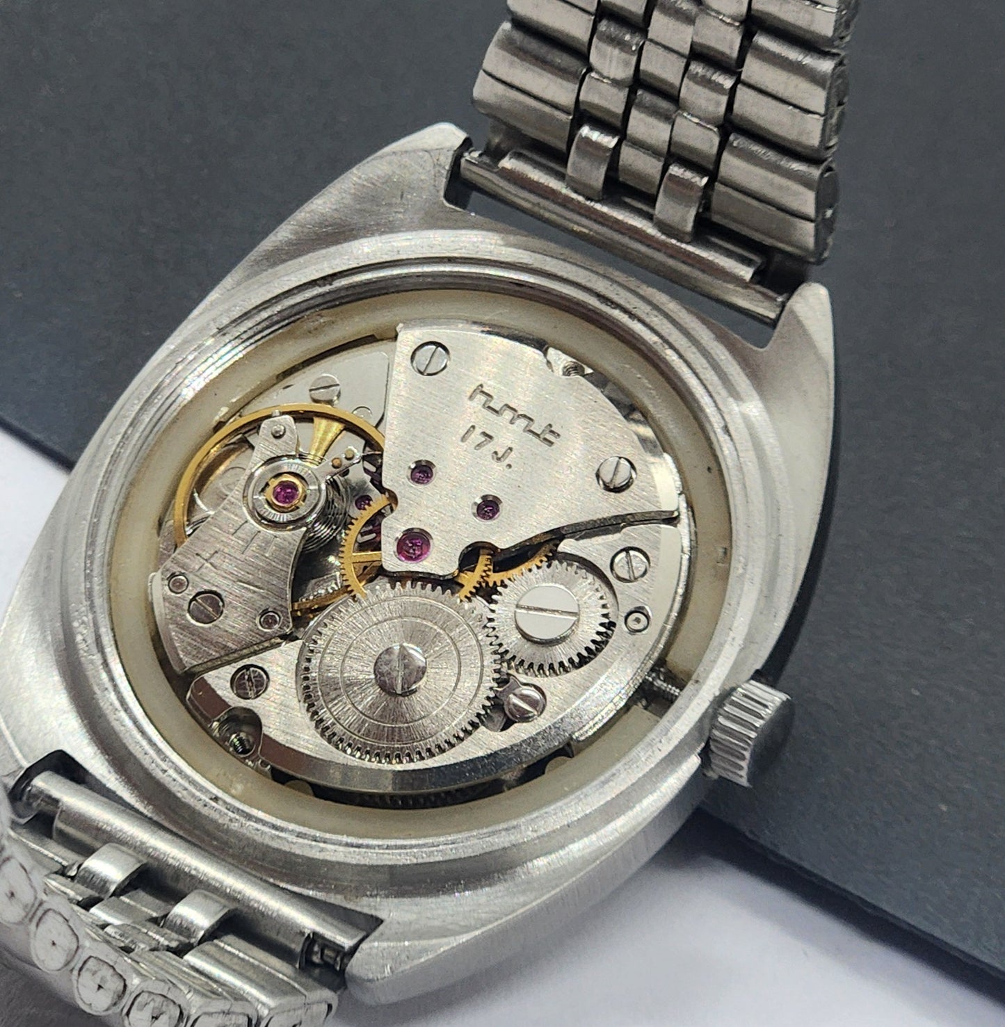Vintage Original HMT Vijay Hand Winding 17 Jewels Black Face Silver Bracelet Men's Wrist Watch F42