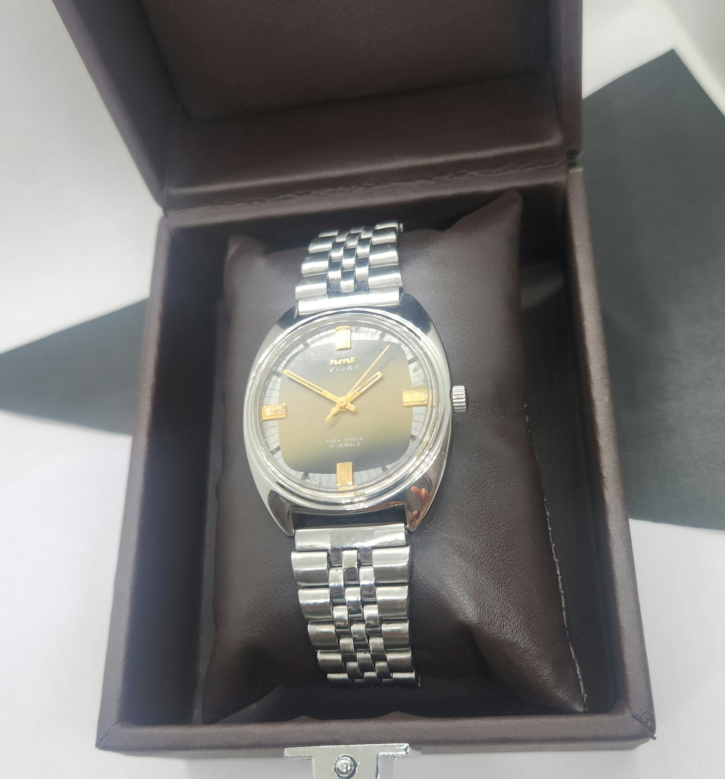 Vintage Original HMT Vijay Hand Winding 17 Jewels Black Face Silver Bracelet Men's Wrist Watch F42