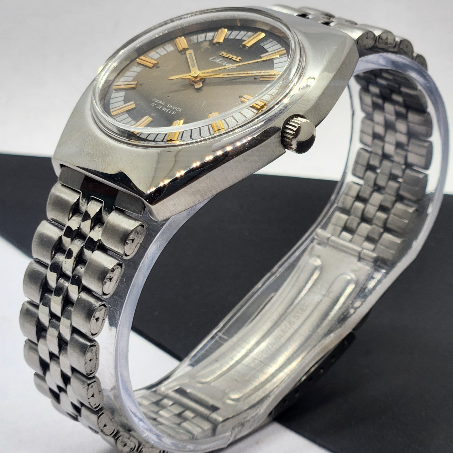 Vintage Original HMT Chirag Hand Winding 17 Jewels Green/Golden Face Silver Bracelet Men's Wrist Watch F44