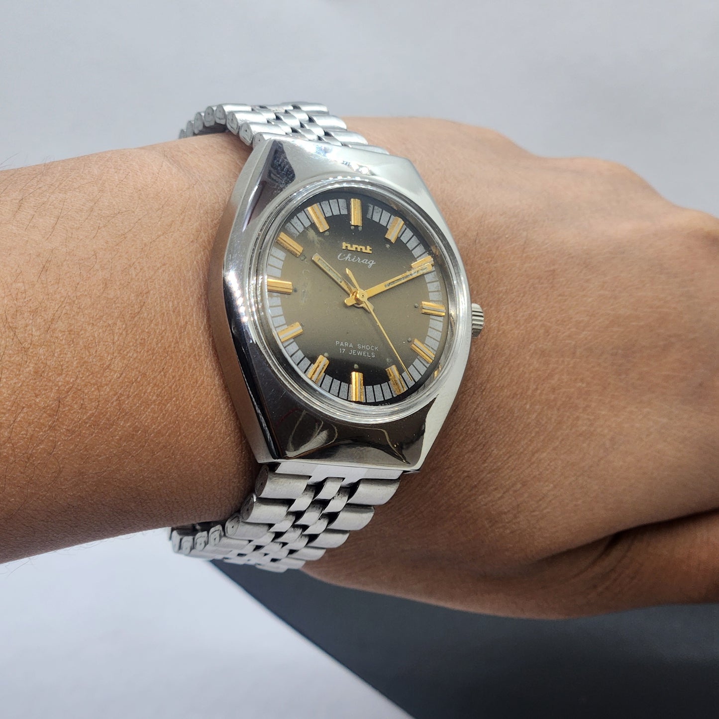 Vintage Original HMT Chirag Hand Winding 17 Jewels Green/Golden Face Silver Bracelet Men's Wrist Watch F44
