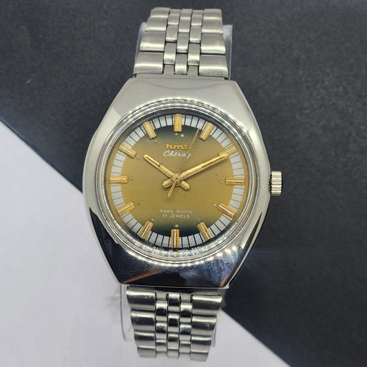 Vintage Original HMT Chirag Hand Winding 17 Jewels Golden Face Silver Bracelet Men's Wrist Watch F45