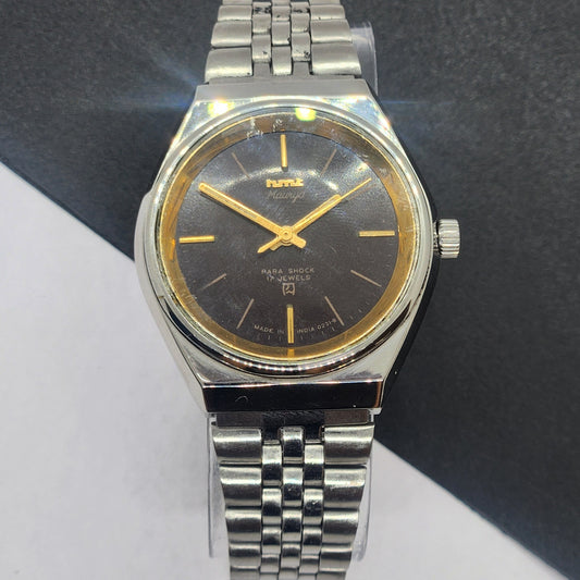 Vintage Original HMT Murya Hand Winding 17 Jewels Black Face Silver Bracelet Men's Wrist Watch F46