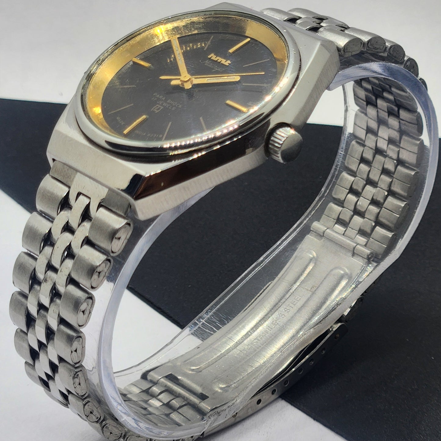 Vintage Original HMT Murya Hand Winding 17 Jewels Black Face Silver Bracelet Men's Wrist Watch F46