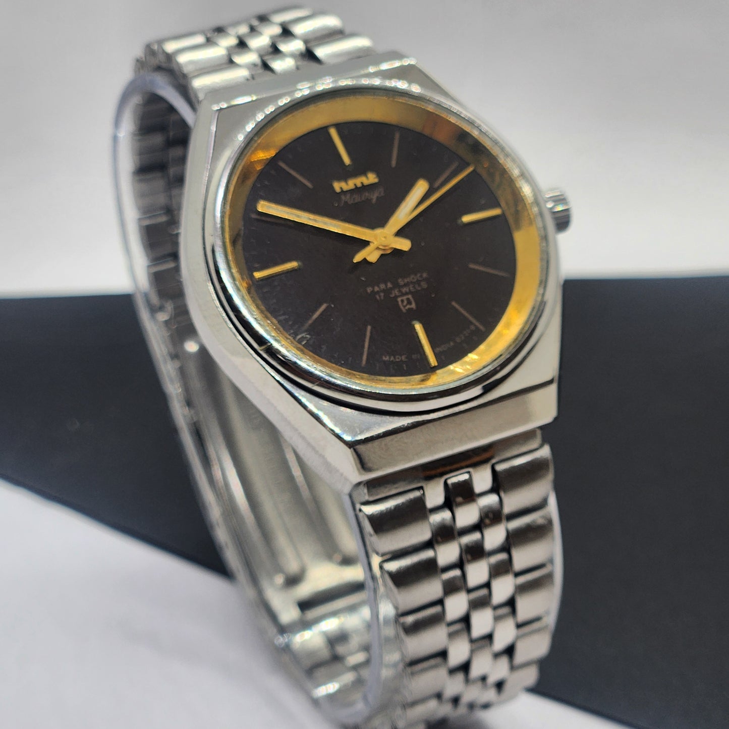 Vintage Original HMT Murya Hand Winding 17 Jewels Black Face Silver Bracelet Men's Wrist Watch F46