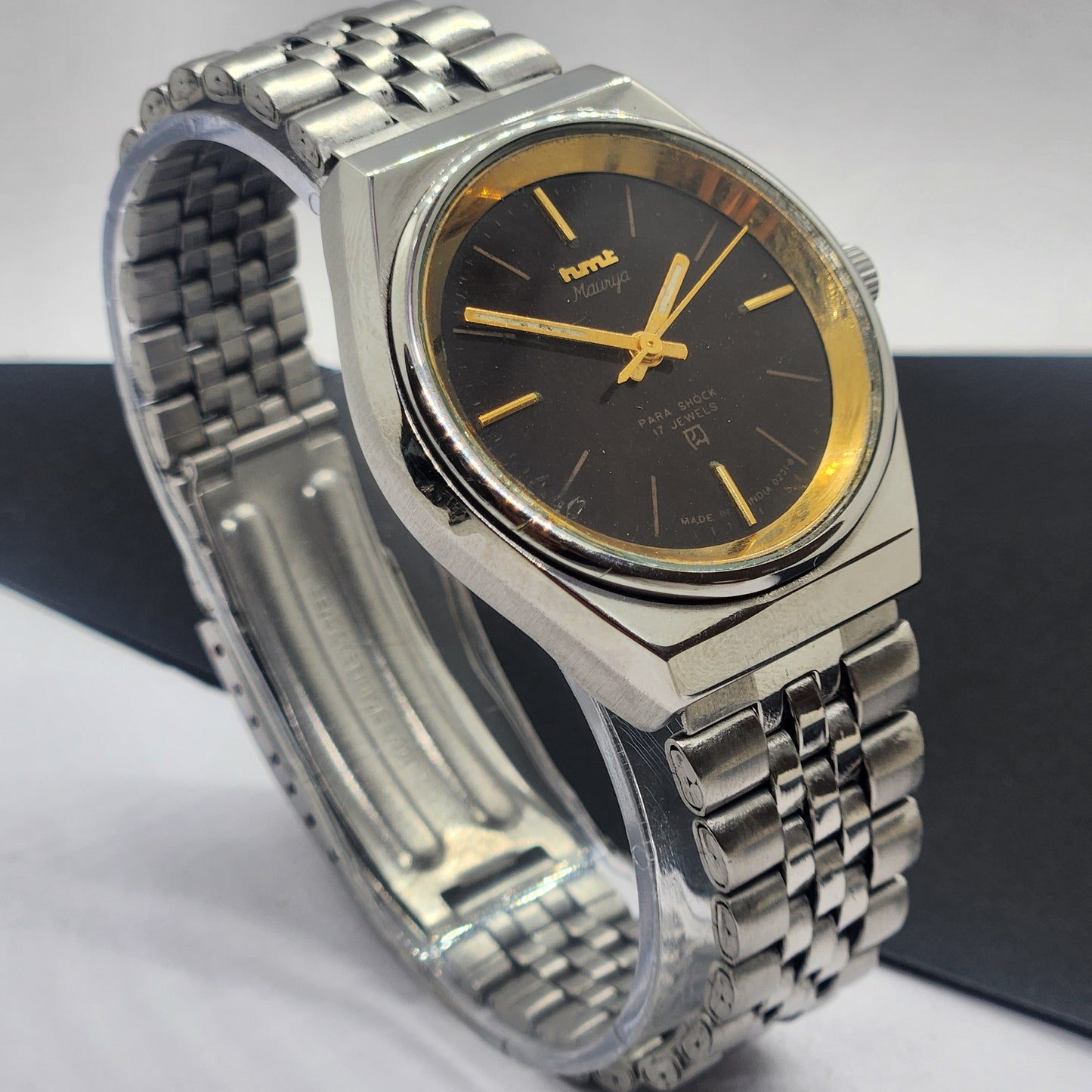 Vintage Original HMT Murya Hand Winding 17 Jewels Black Face Silver Bracelet Men's Wrist Watch F46