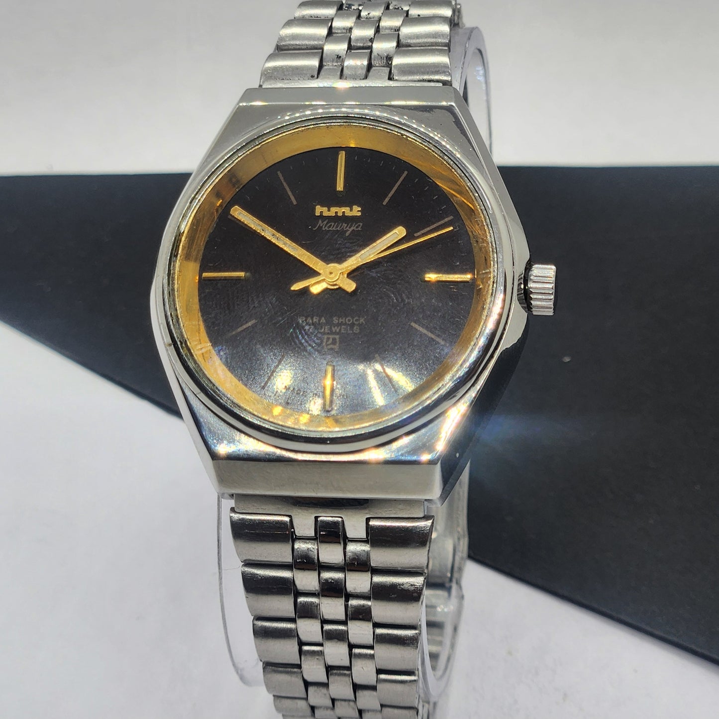 Vintage Original HMT Murya Hand Winding 17 Jewels Black Face Silver Bracelet Men's Wrist Watch F46