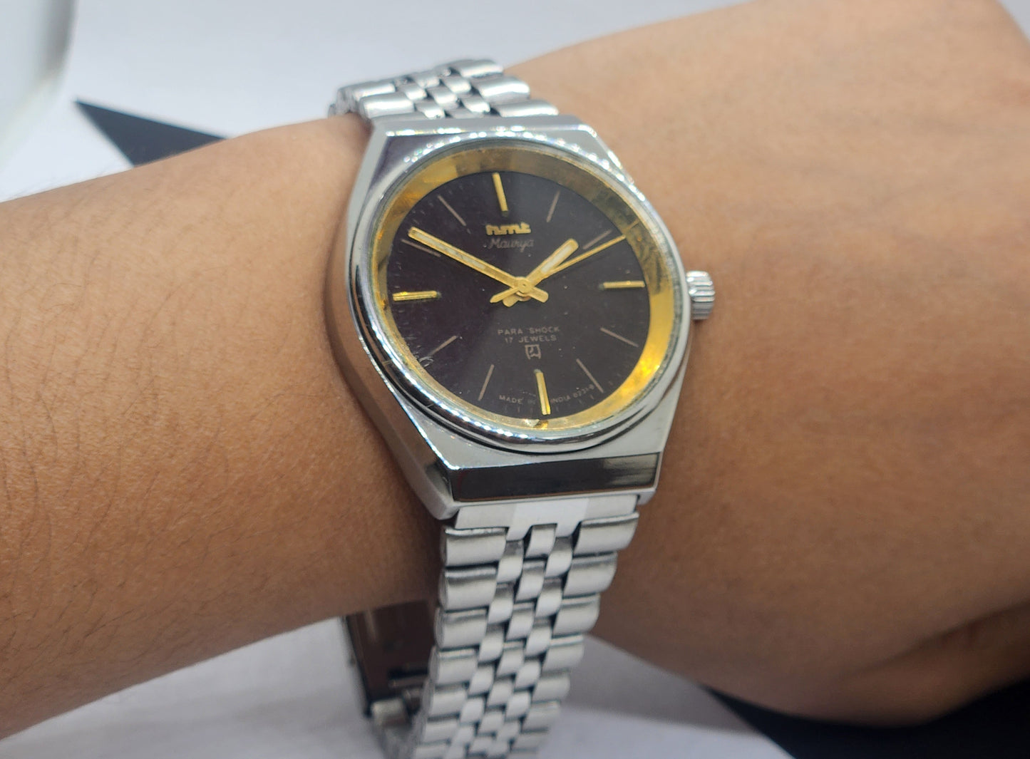Vintage Original HMT Murya Hand Winding 17 Jewels Black Face Silver Bracelet Men's Wrist Watch F46