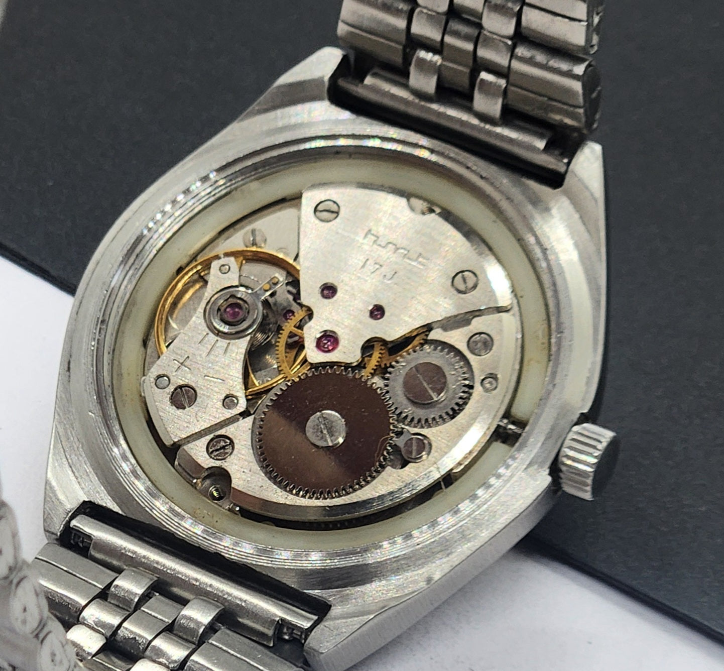 Vintage Original HMT Murya Hand Winding 17 Jewels Black Face Silver Bracelet Men's Wrist Watch F46