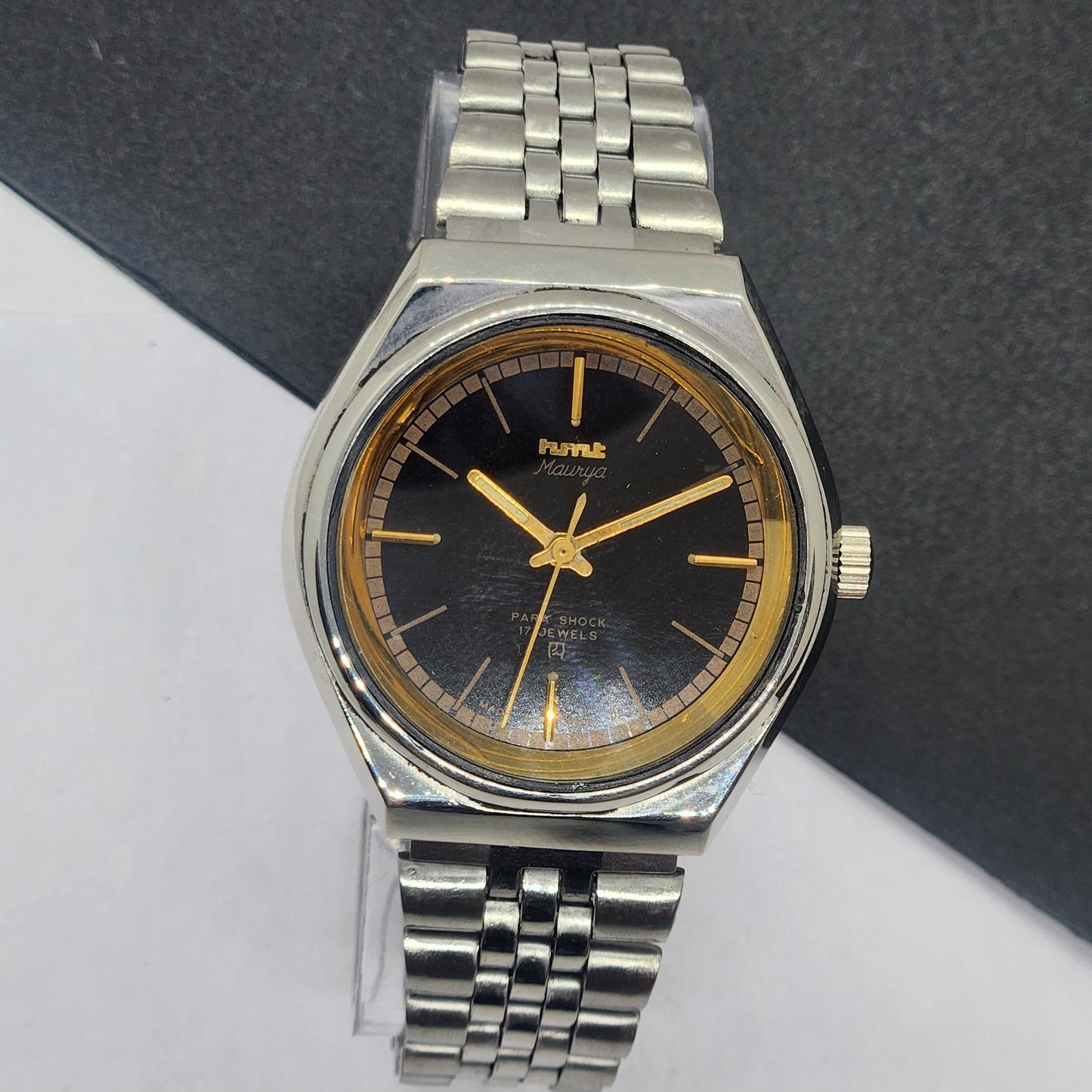 Vintage Original HMT Murya Hand Winding 17 Jewels Black Face Silver Bracelet Men's Wrist Watch F47