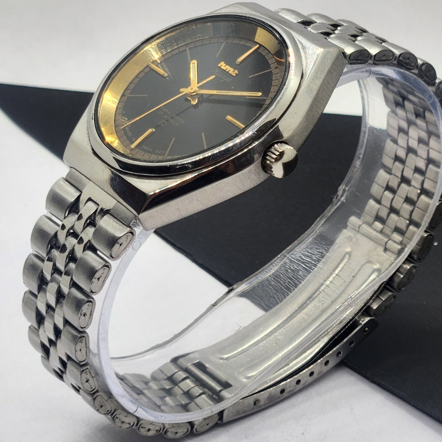 Vintage Original HMT Murya Hand Winding 17 Jewels Black Face Silver Bracelet Men's Wrist Watch F47