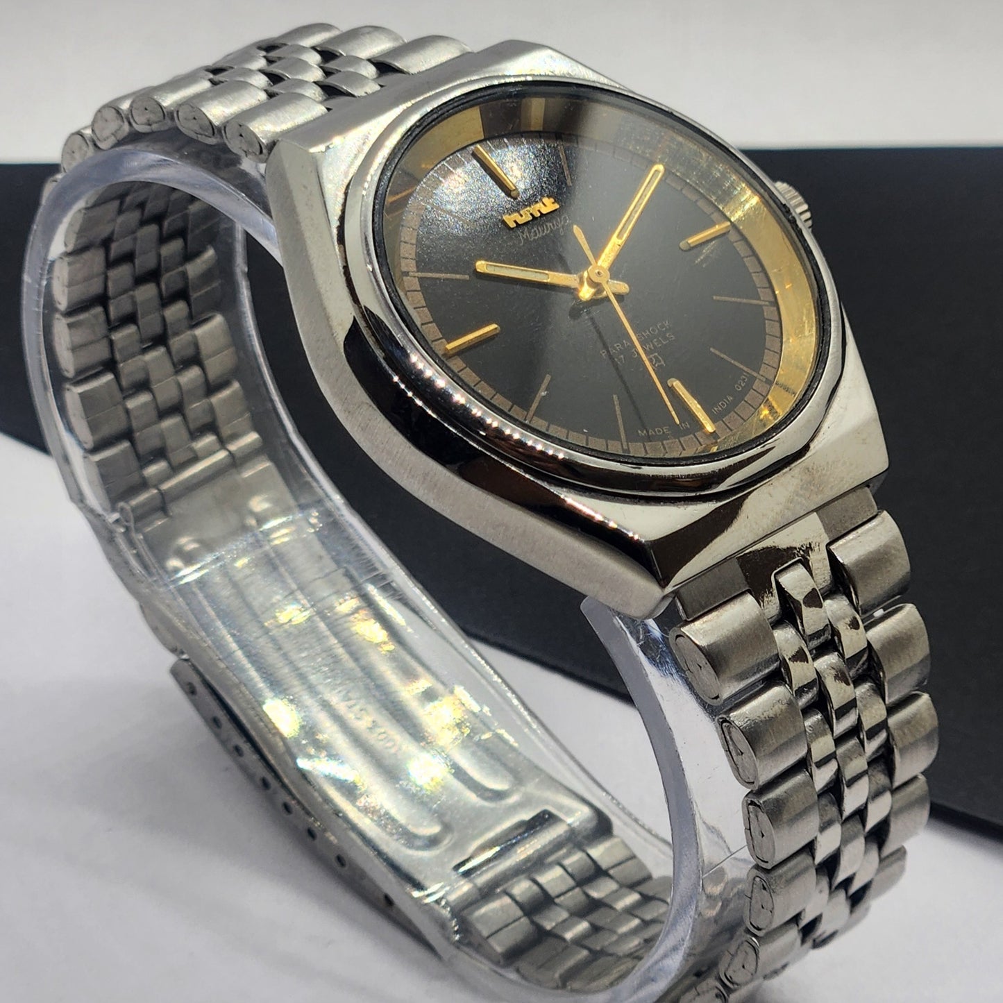 Vintage Original HMT Murya Hand Winding 17 Jewels Black Face Silver Bracelet Men's Wrist Watch F47
