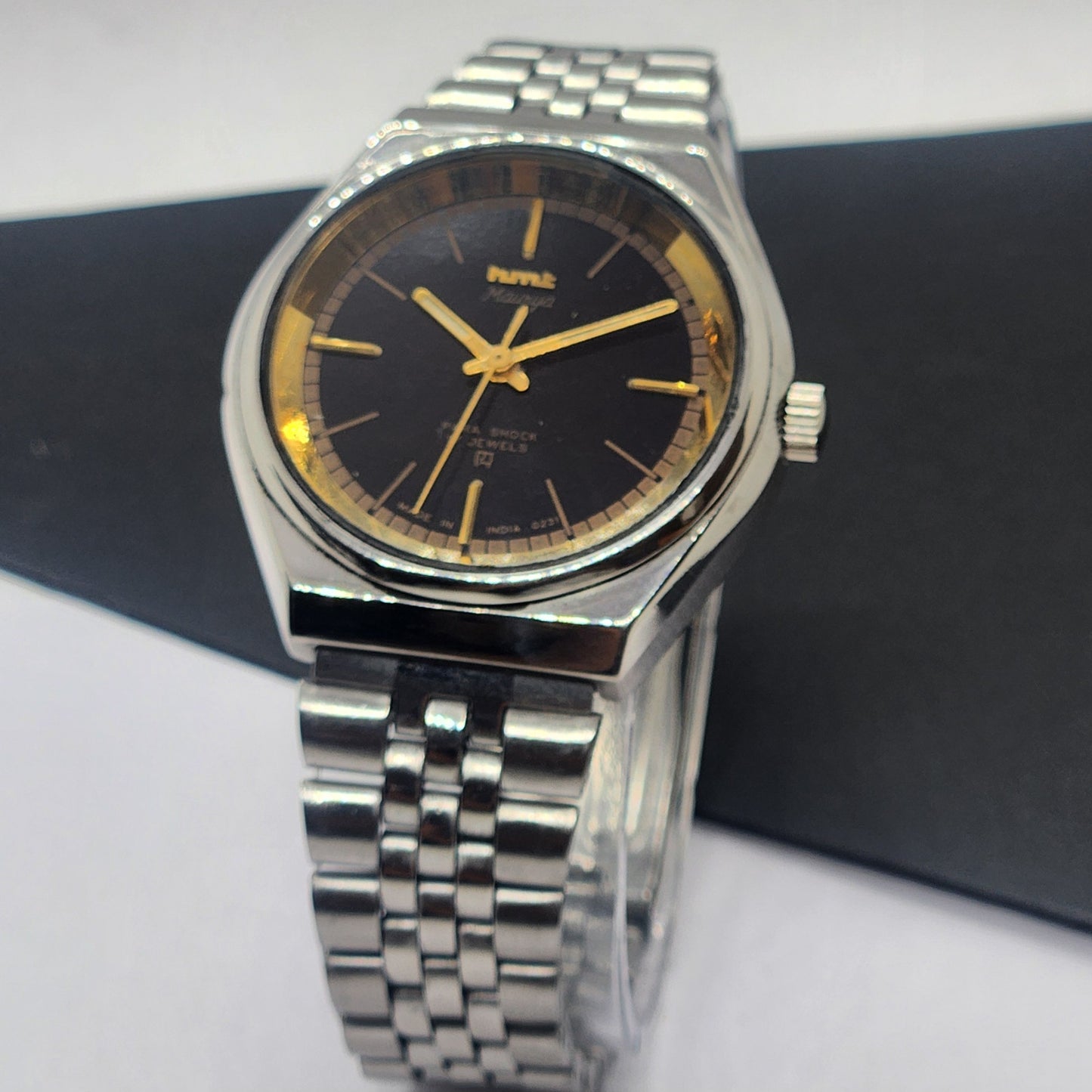 Vintage Original HMT Murya Hand Winding 17 Jewels Black Face Silver Bracelet Men's Wrist Watch F47