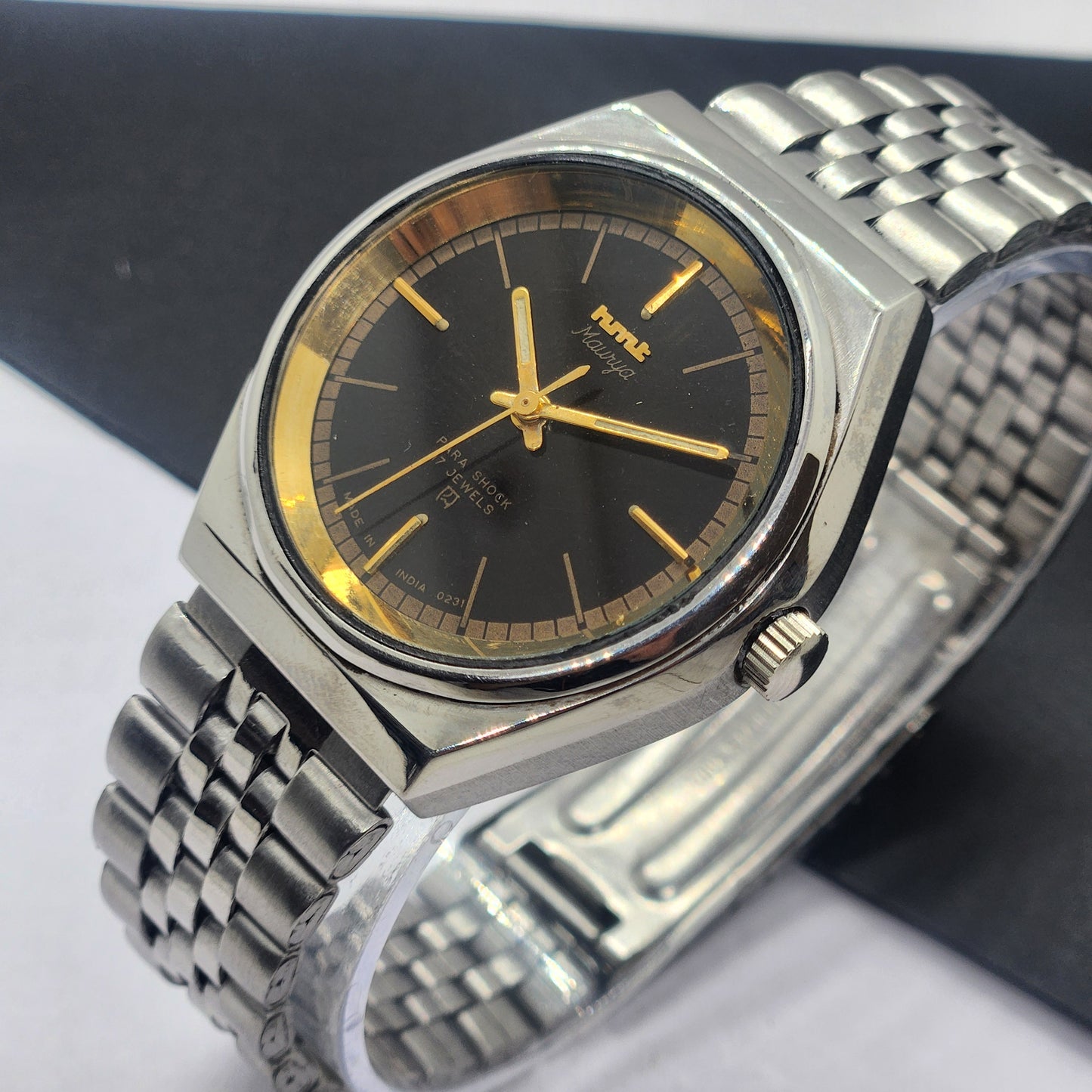 Vintage Original HMT Murya Hand Winding 17 Jewels Black Face Silver Bracelet Men's Wrist Watch F47