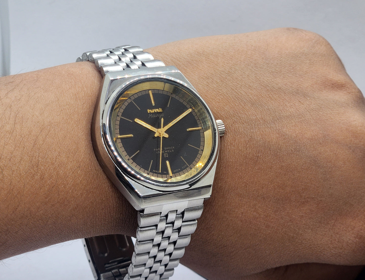 Vintage Original HMT Murya Hand Winding 17 Jewels Black Face Silver Bracelet Men's Wrist Watch F47