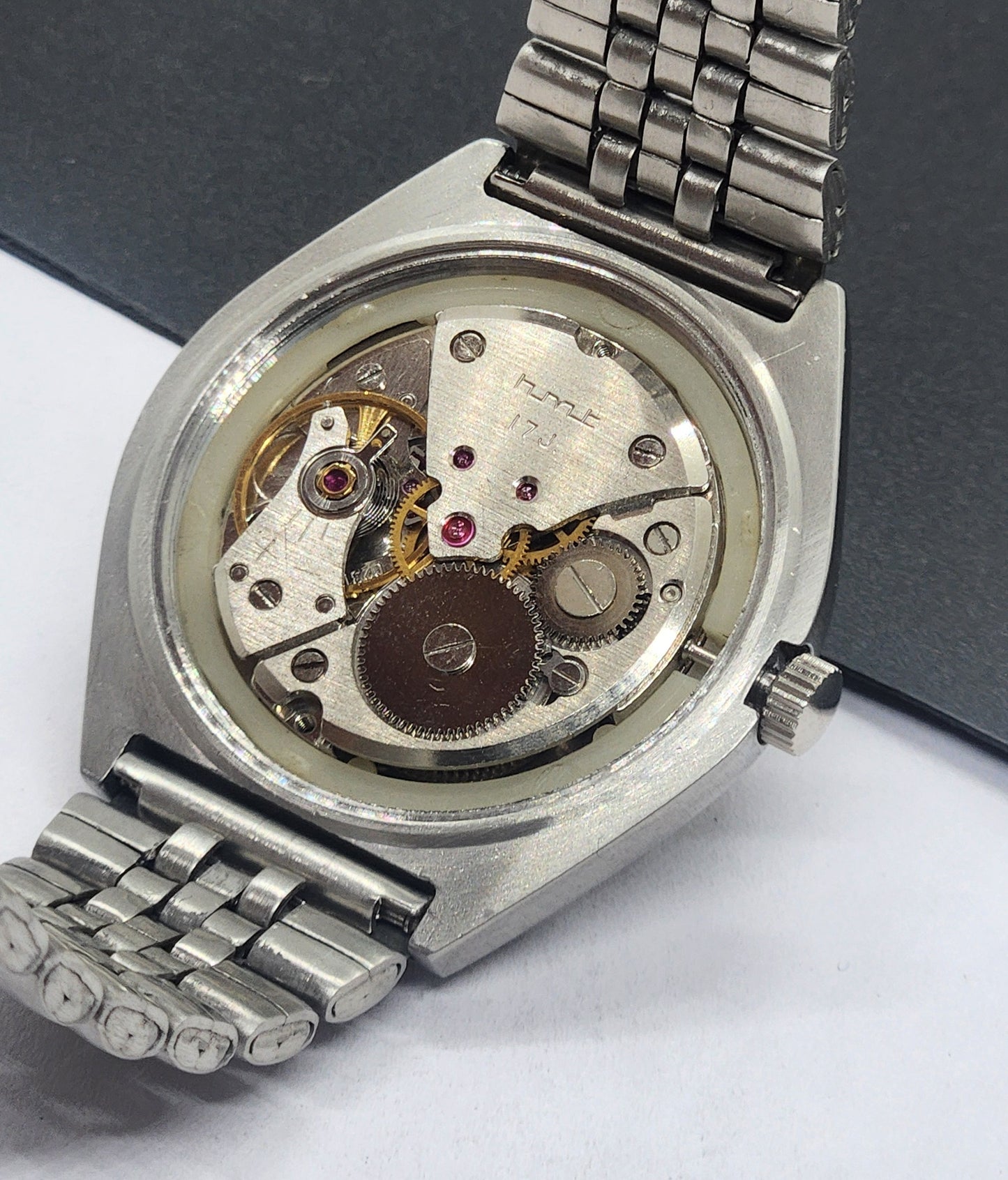 Vintage Original HMT Murya Hand Winding 17 Jewels Black Face Silver Bracelet Men's Wrist Watch F47