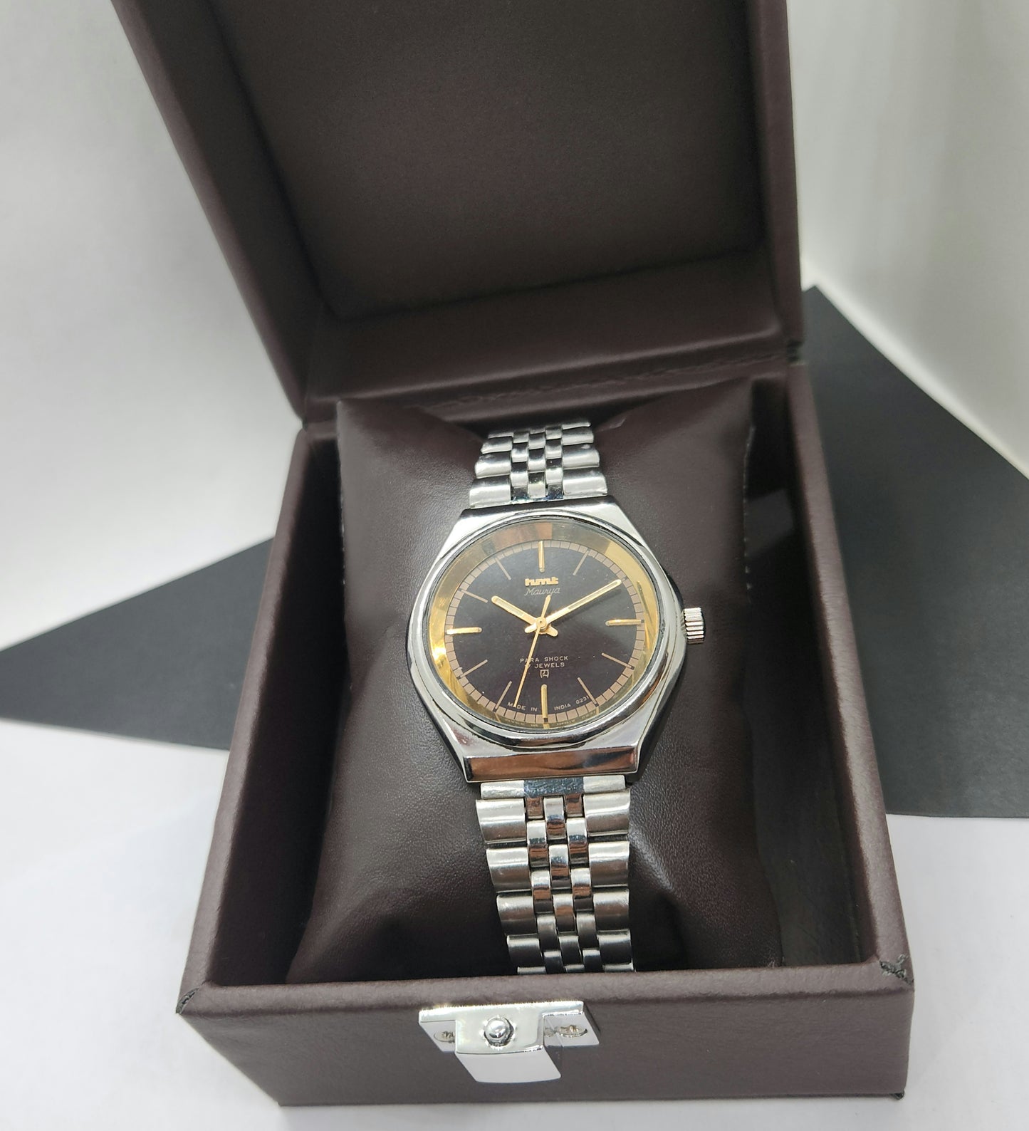 Vintage Original HMT Murya Hand Winding 17 Jewels Black Face Silver Bracelet Men's Wrist Watch F47
