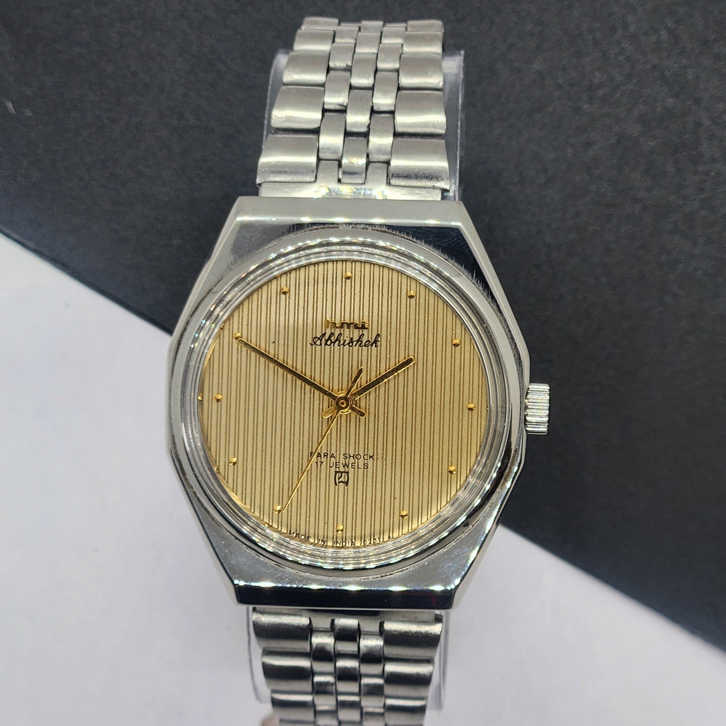 Vintage Original HMT Abhishek Hand Winding 17 Jewels Golden Face Silver Bracelet Men's Wrist Watch F48