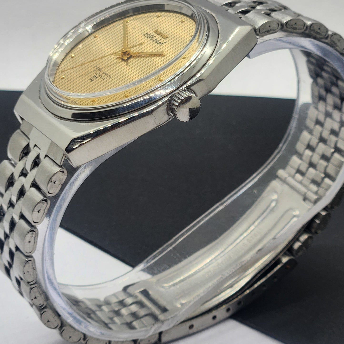 Vintage Original HMT Abhishek Hand Winding 17 Jewels Golden Face Silver Bracelet Men's Wrist Watch F48