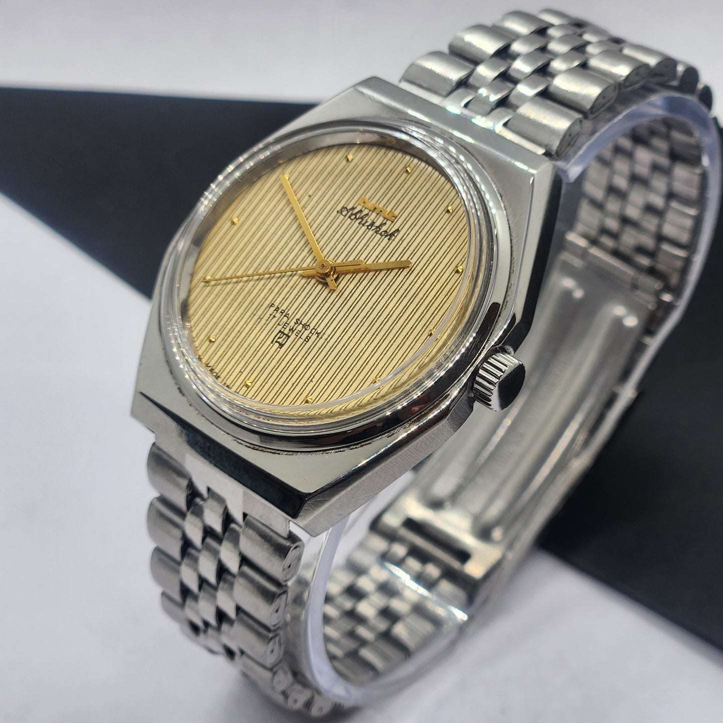 Vintage Original HMT Abhishek Hand Winding 17 Jewels Golden Face Silver Bracelet Men's Wrist Watch F48