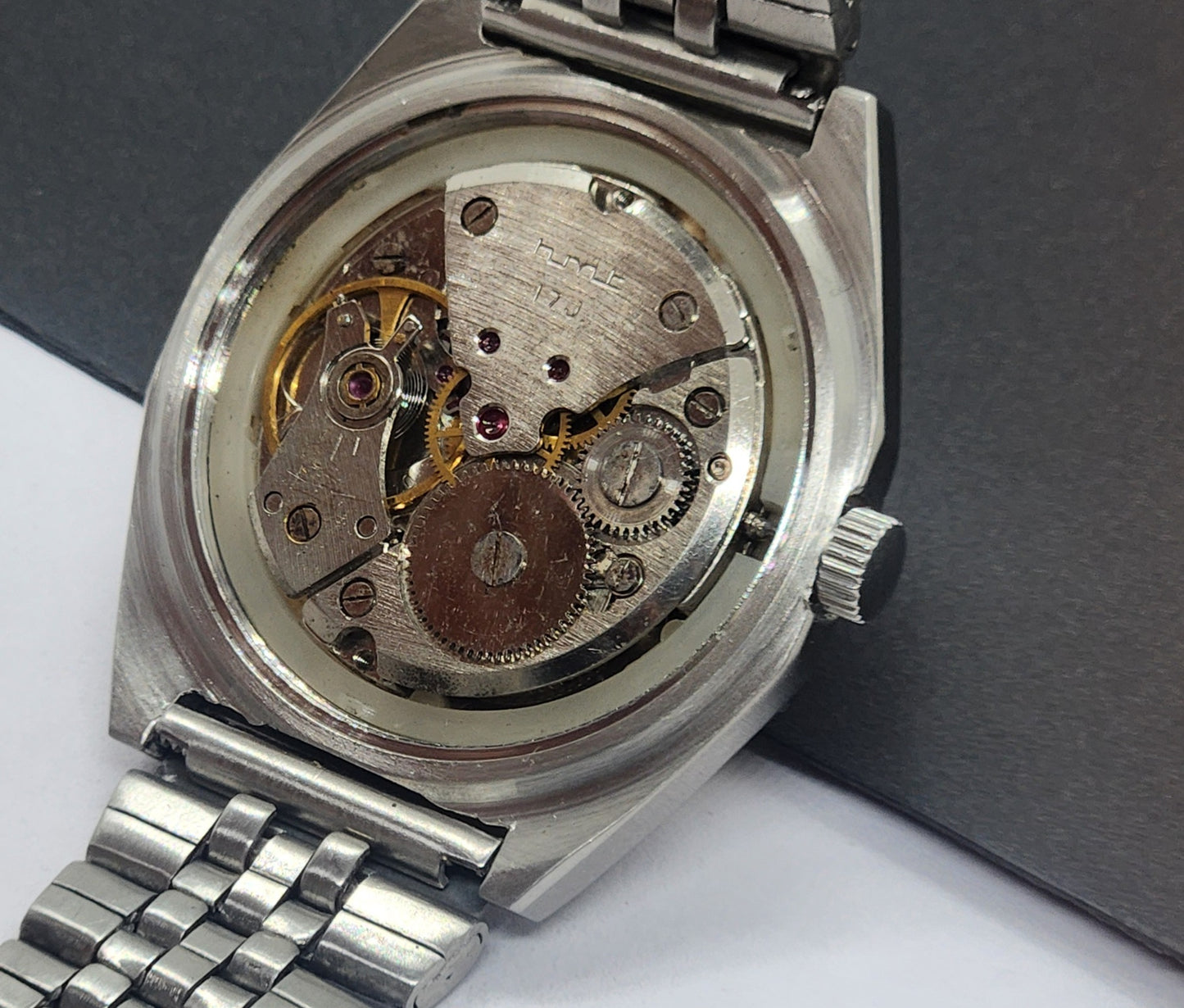 Vintage Original HMT Abhishek Hand Winding 17 Jewels Golden Face Silver Bracelet Men's Wrist Watch F48