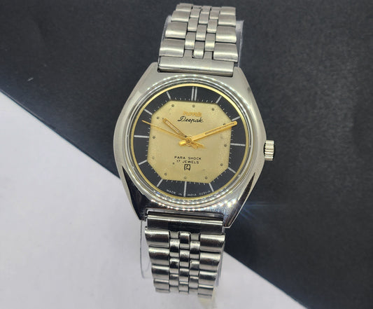 Vintage Original HMT Deepak Hand Winding 17 Jewels Golden Face Silver Bracelet Men's Wrist Watch F50