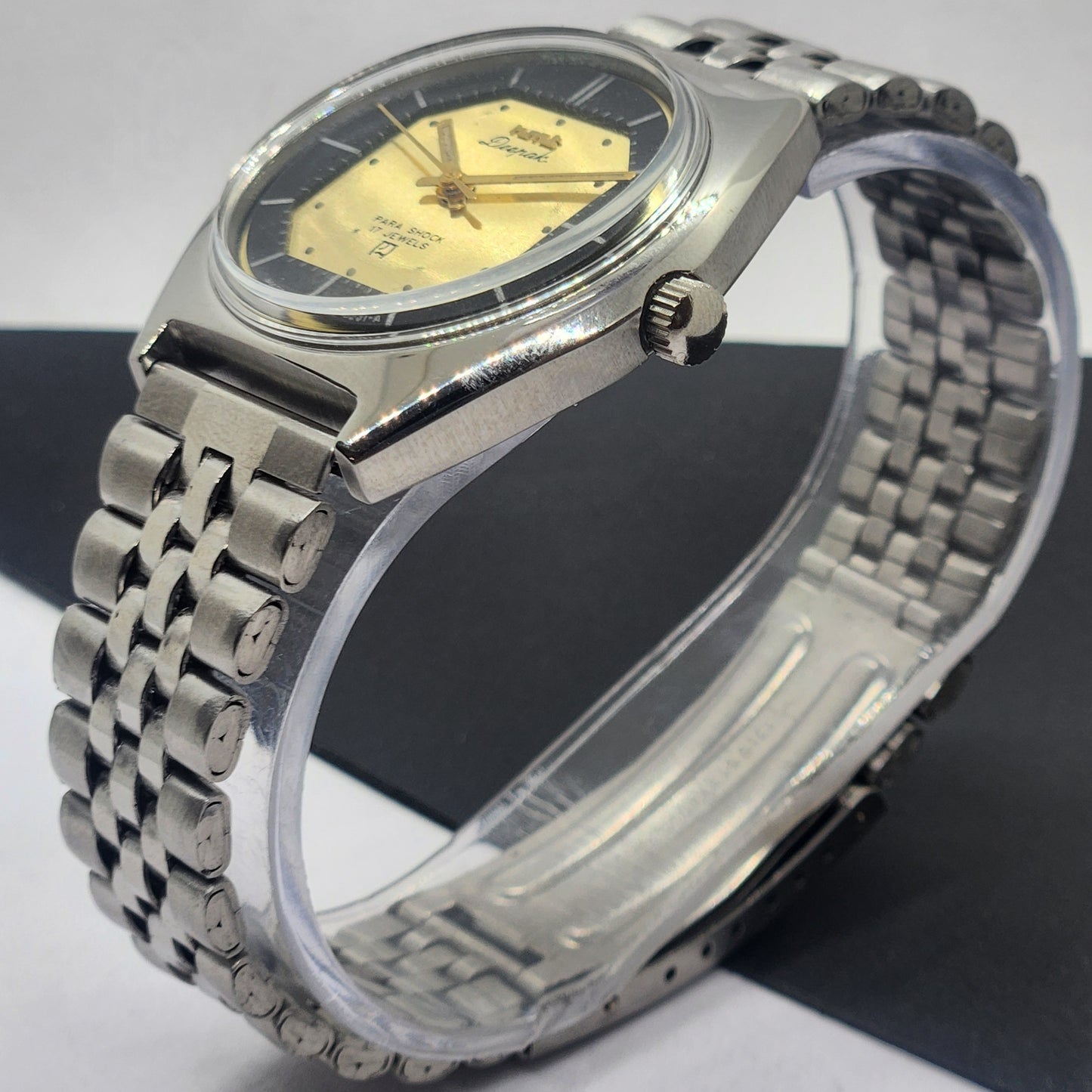 Vintage Original HMT Deepak Hand Winding 17 Jewels Golden Face Silver Bracelet Men's Wrist Watch F50
