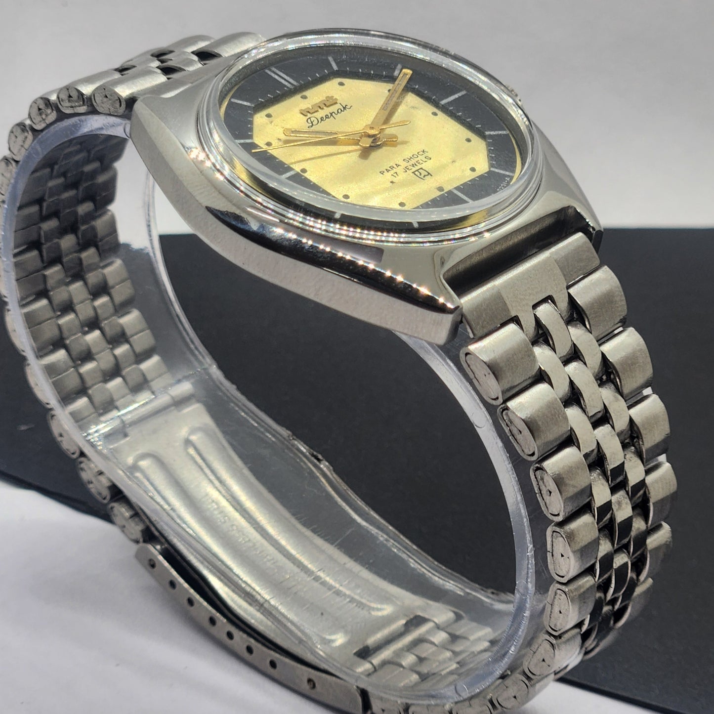 Vintage Original HMT Deepak Hand Winding 17 Jewels Golden Face Silver Bracelet Men's Wrist Watch F50