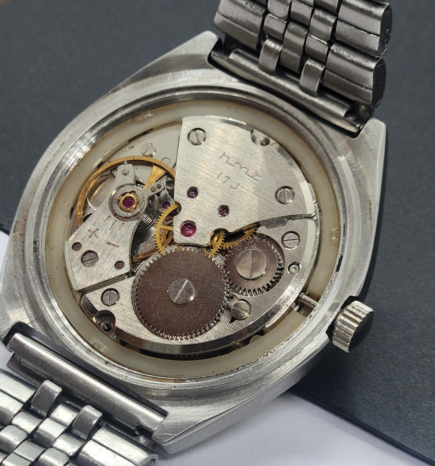 Vintage Original HMT Deepak Hand Winding 17 Jewels Golden Face Silver Bracelet Men's Wrist Watch F50