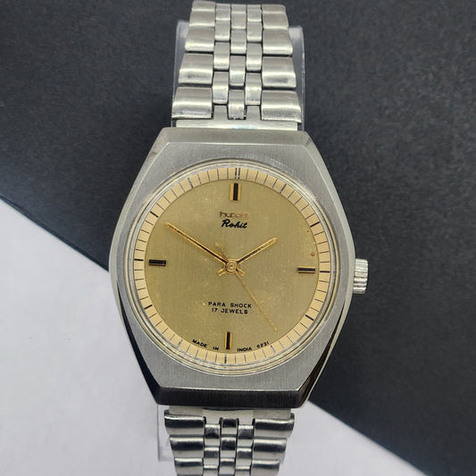 Vintage Original HMT Rohit Hand Winding 17 Jewels Golden Face Silver Bracelet Men's Wrist Watch F51