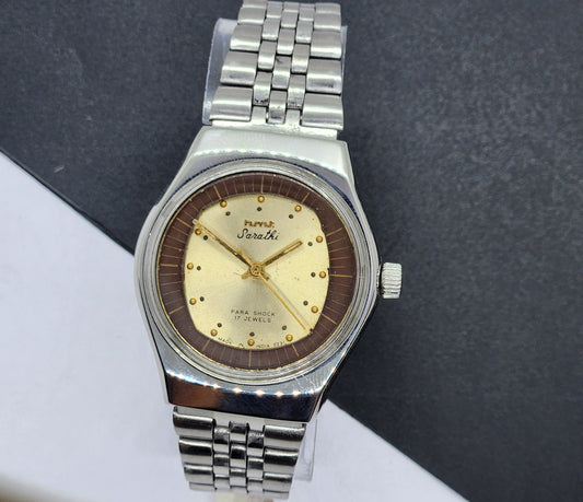 Vintage Original HMT Sarathi Hand Winding 17 Jewels Golden Face Silver Bracelet Men's Wrist Watch F52