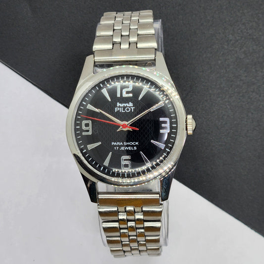 Vintage HMT Pilot Hand Winding 17 Jewels Black Face Jubilee Bracelet Men's Wrist Watch F53
