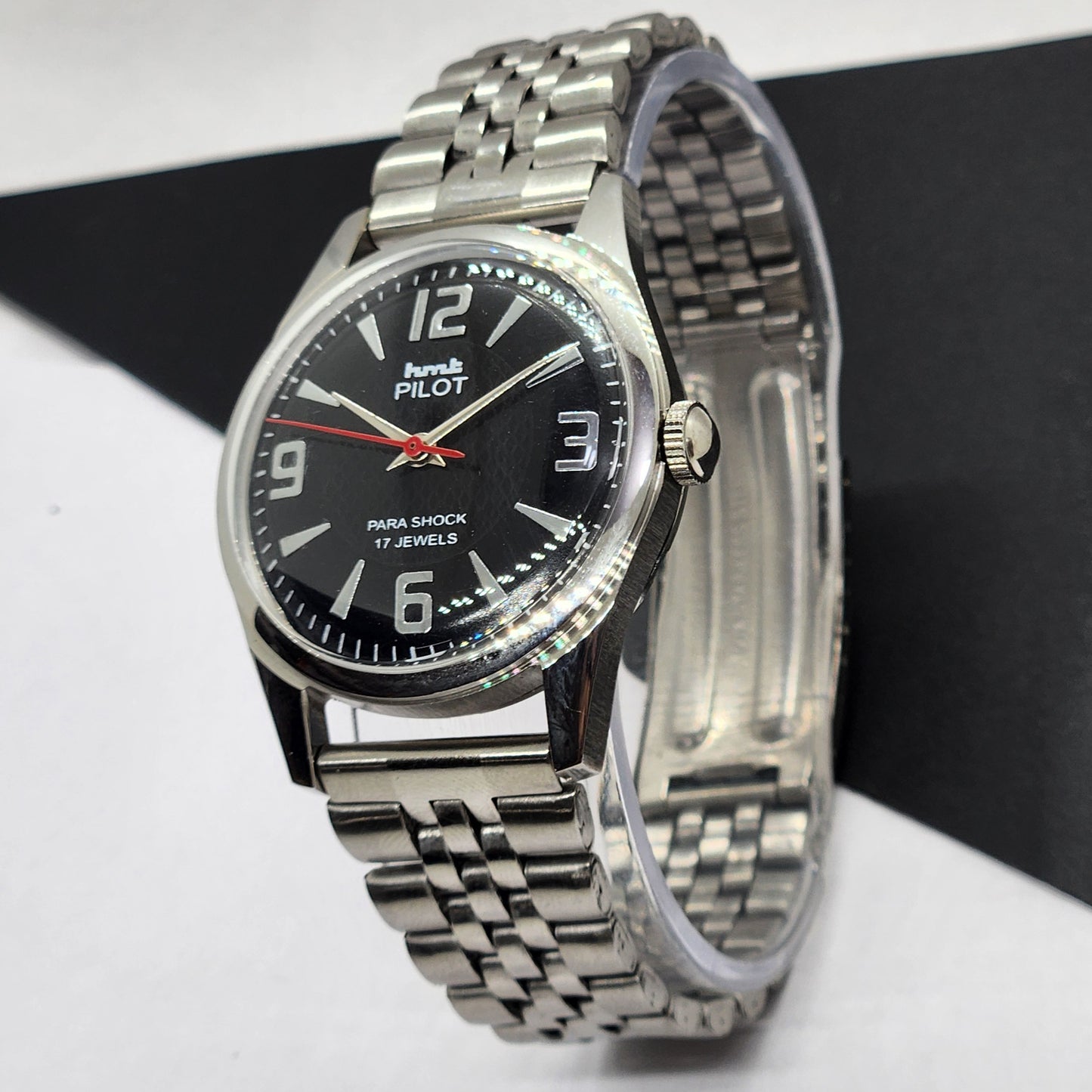 Vintage HMT Pilot Hand Winding 17 Jewels Black Face Jubilee Bracelet Men's Wrist Watch F53