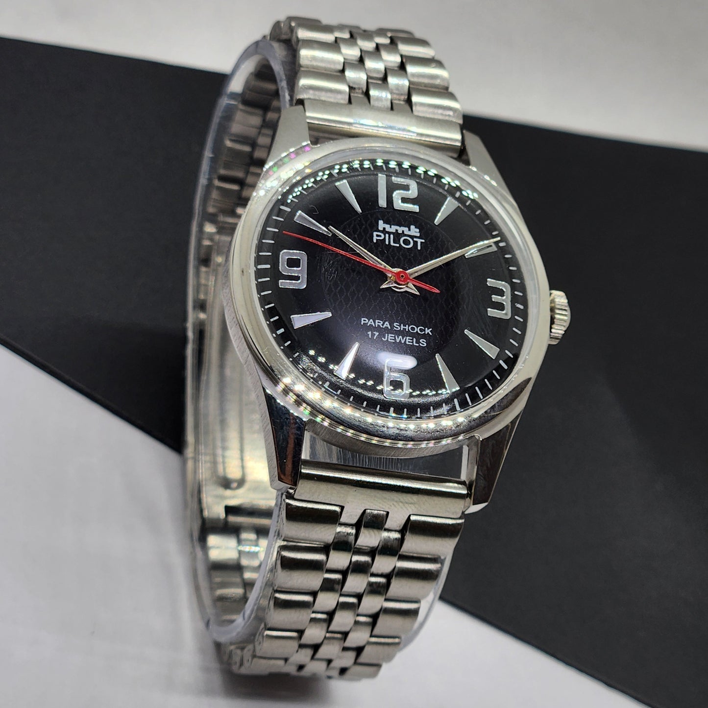 Vintage HMT Pilot Hand Winding 17 Jewels Black Face Jubilee Bracelet Men's Wrist Watch F53
