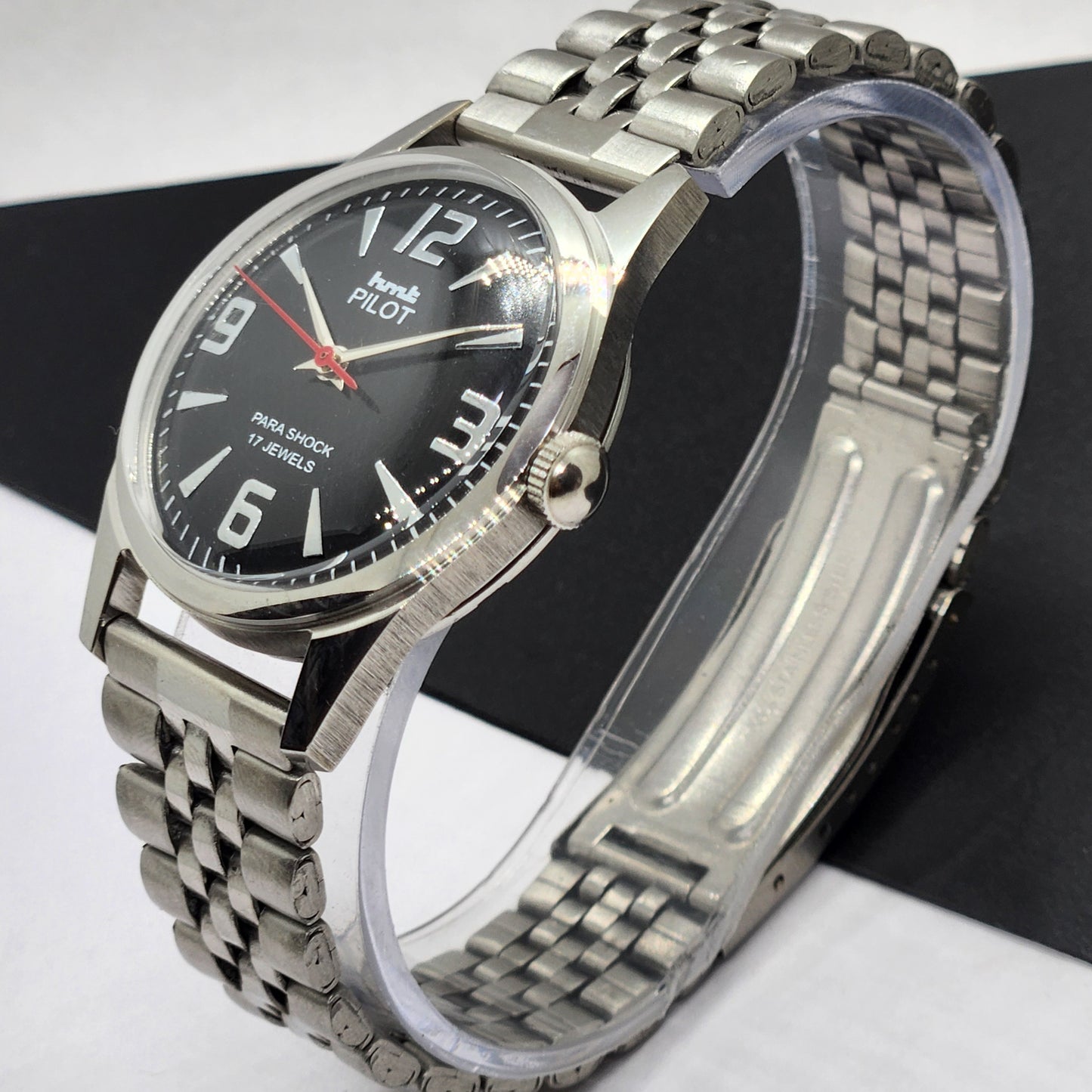Vintage HMT Pilot Hand Winding 17 Jewels Black Face Jubilee Bracelet Men's Wrist Watch F53