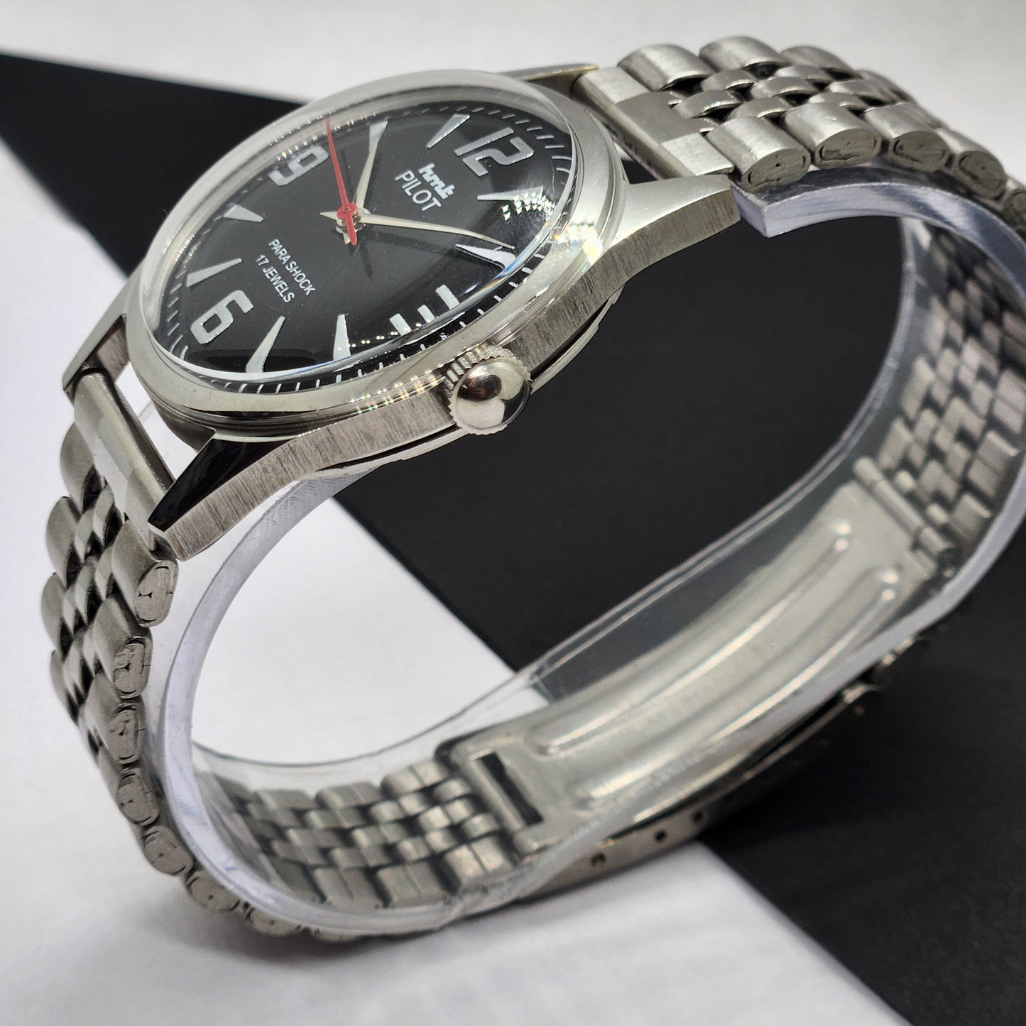 Vintage HMT Pilot Hand Winding 17 Jewels Black Face Jubilee Bracelet Men's Wrist Watch F53