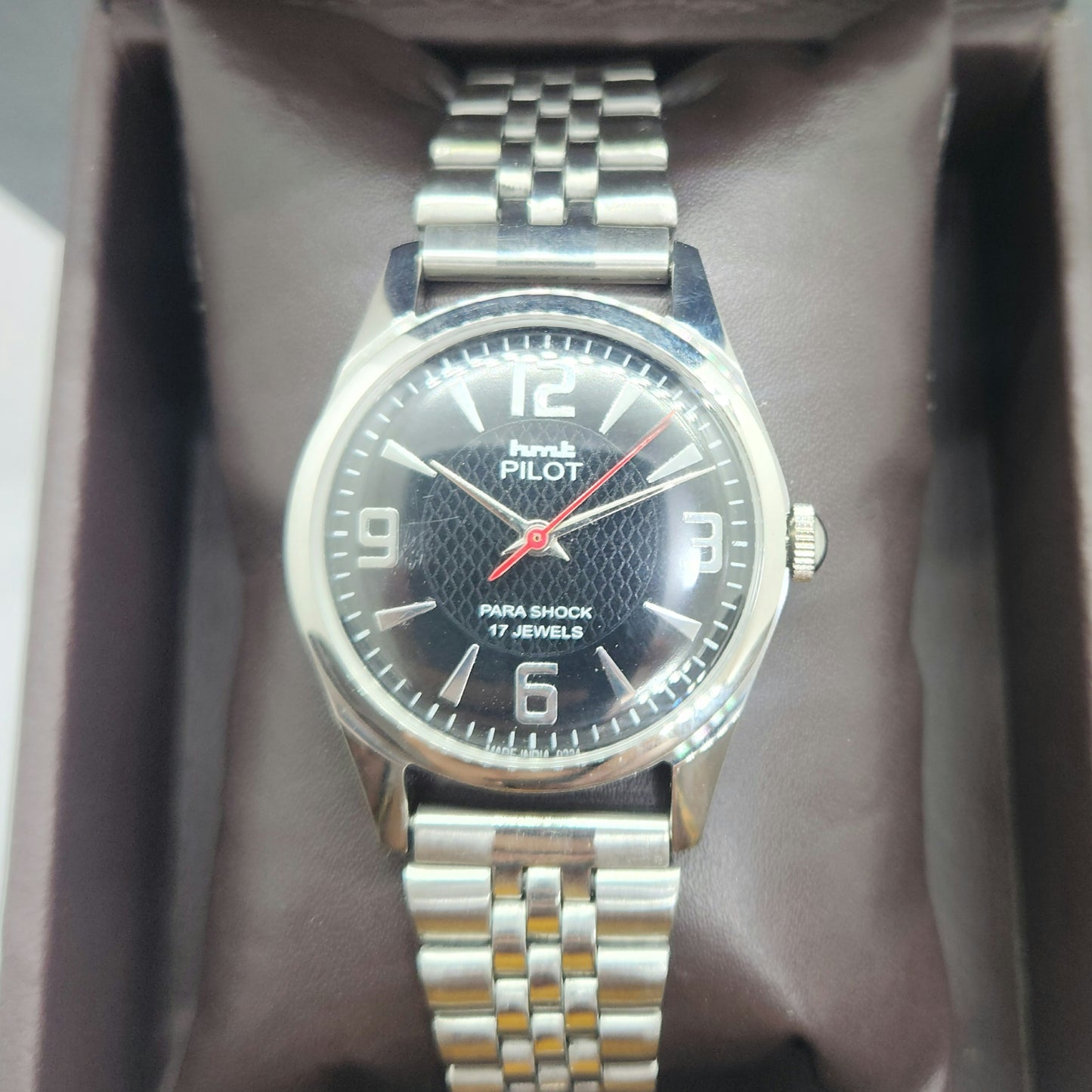 Vintage HMT Pilot Hand Winding 17 Jewels Black Face Jubilee Bracelet Men's Wrist Watch F53