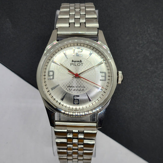 Vintage HMT Pilot Hand Winding 17 Jewels Silver Face Jubilee Bracelet Men's Wrist Watch F54