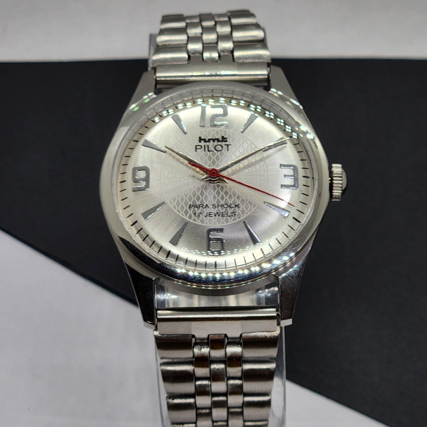 Vintage HMT Pilot Hand Winding 17 Jewels Silver Face Jubilee Bracelet Men's Wrist Watch F54